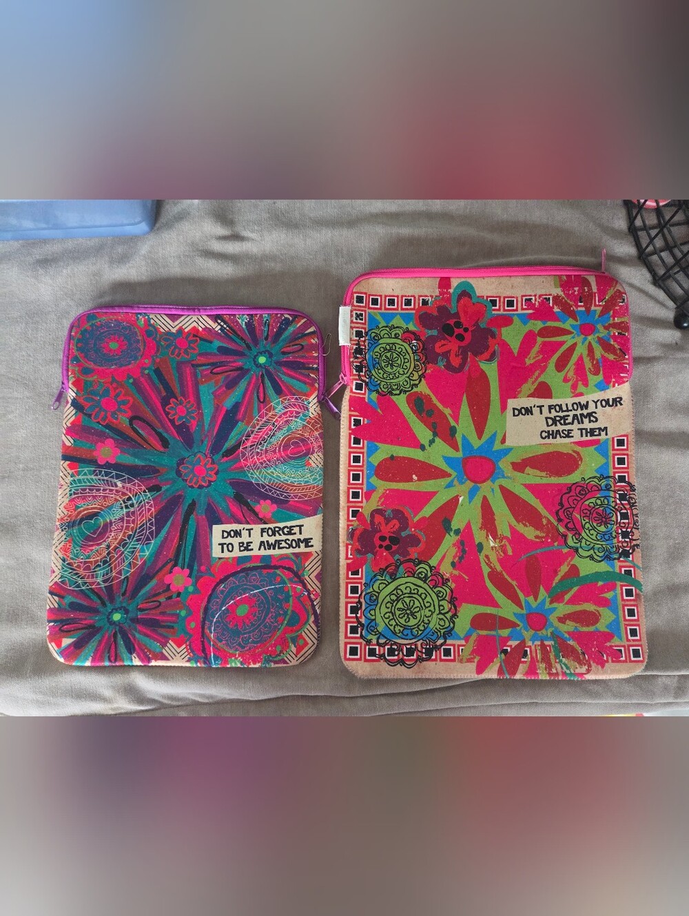 2 Natural Life Pink Floral Tablet Sleeves - Motivational Zip Case